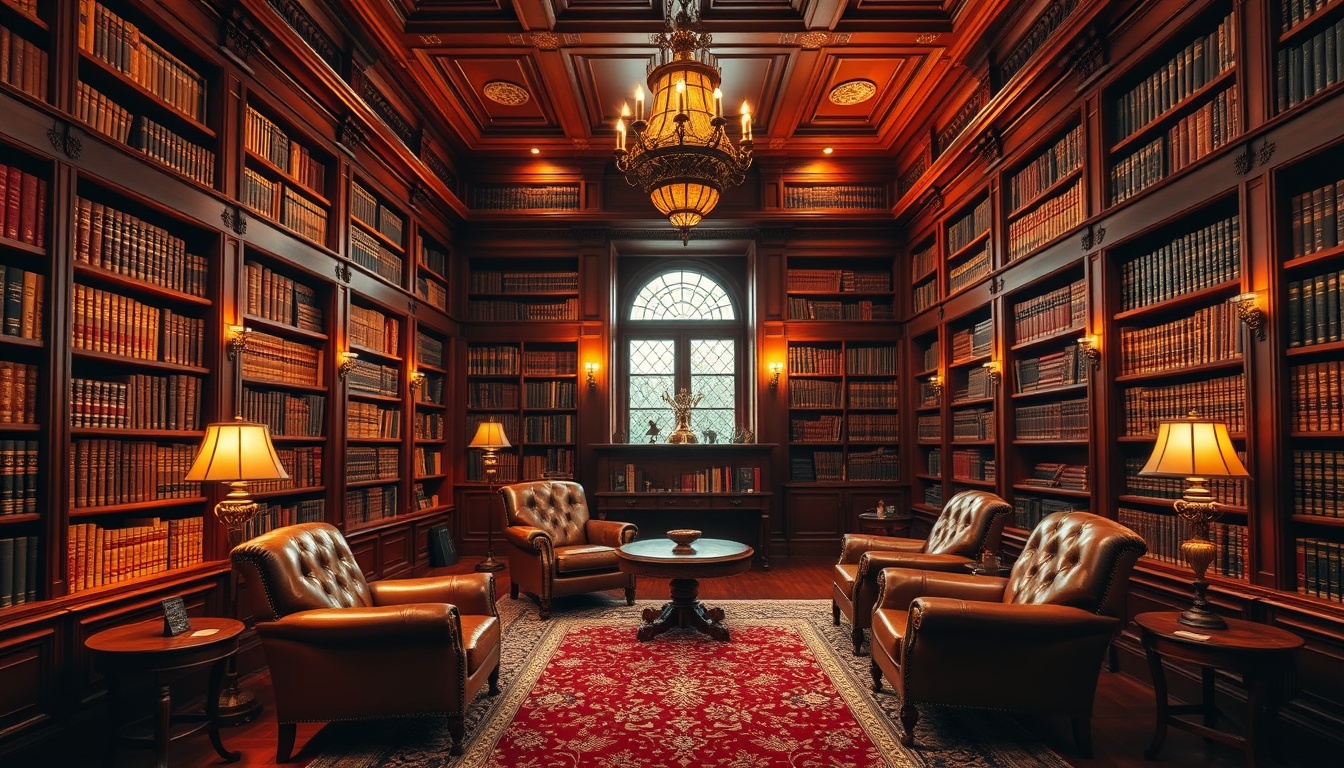 The Hargrove & Associates mahogany law library — leather chairs, shelves of legal volumes, warm brass lighting